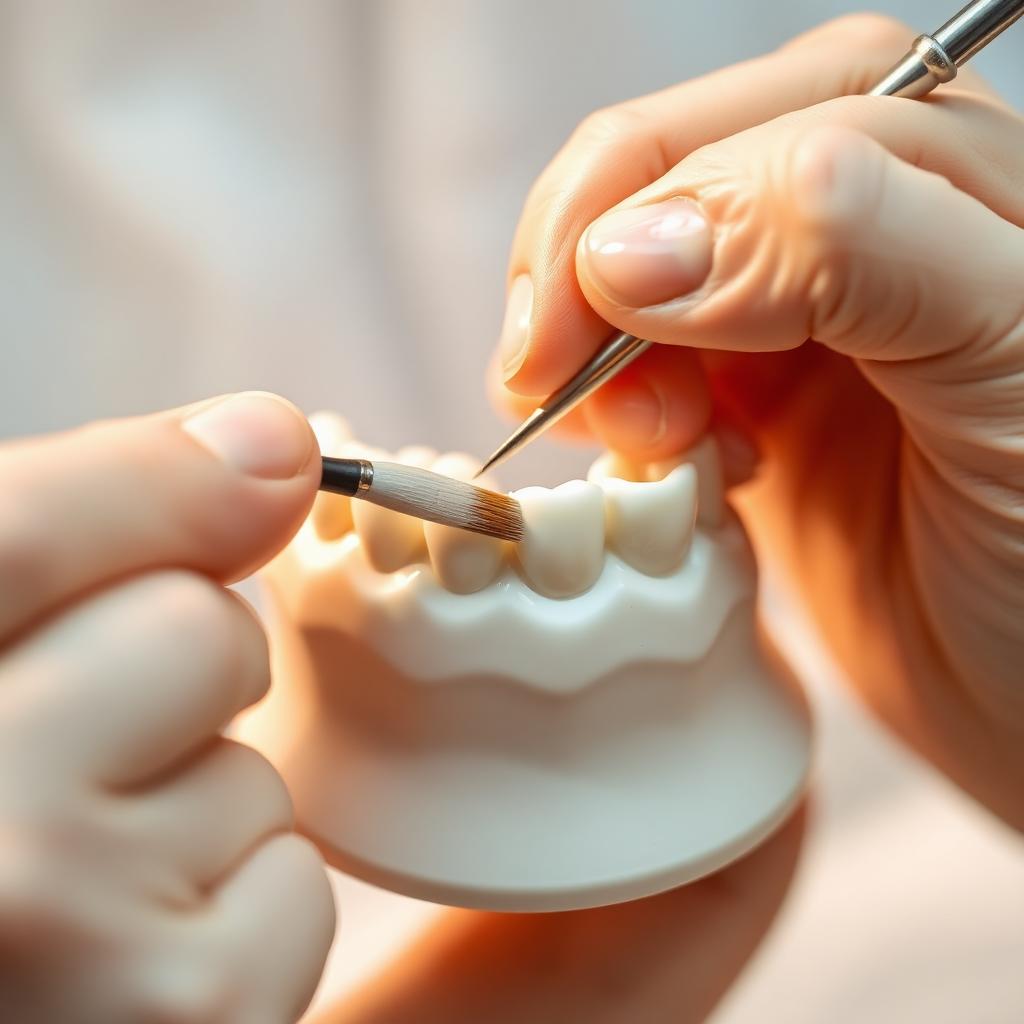 Master ceramist hand-layering porcelain on a dental restoration